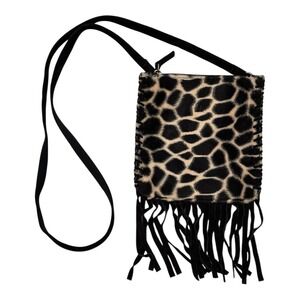 Fossil Crossbody Purse Black Suede‎ Animal Print Fringe Inside Zipper Pocket